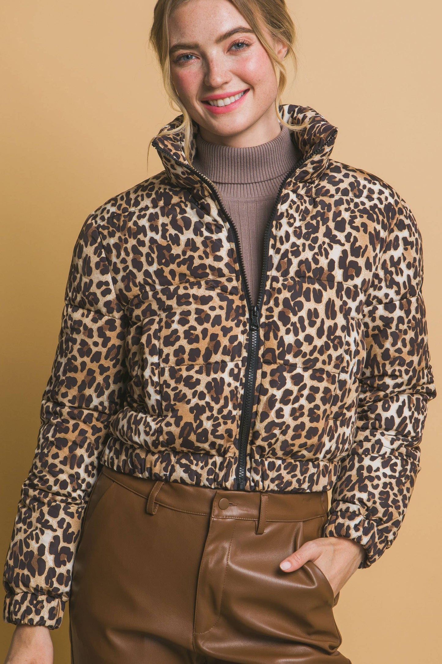 Fierce & Cozy Cropped Leopard Bomber Jacket