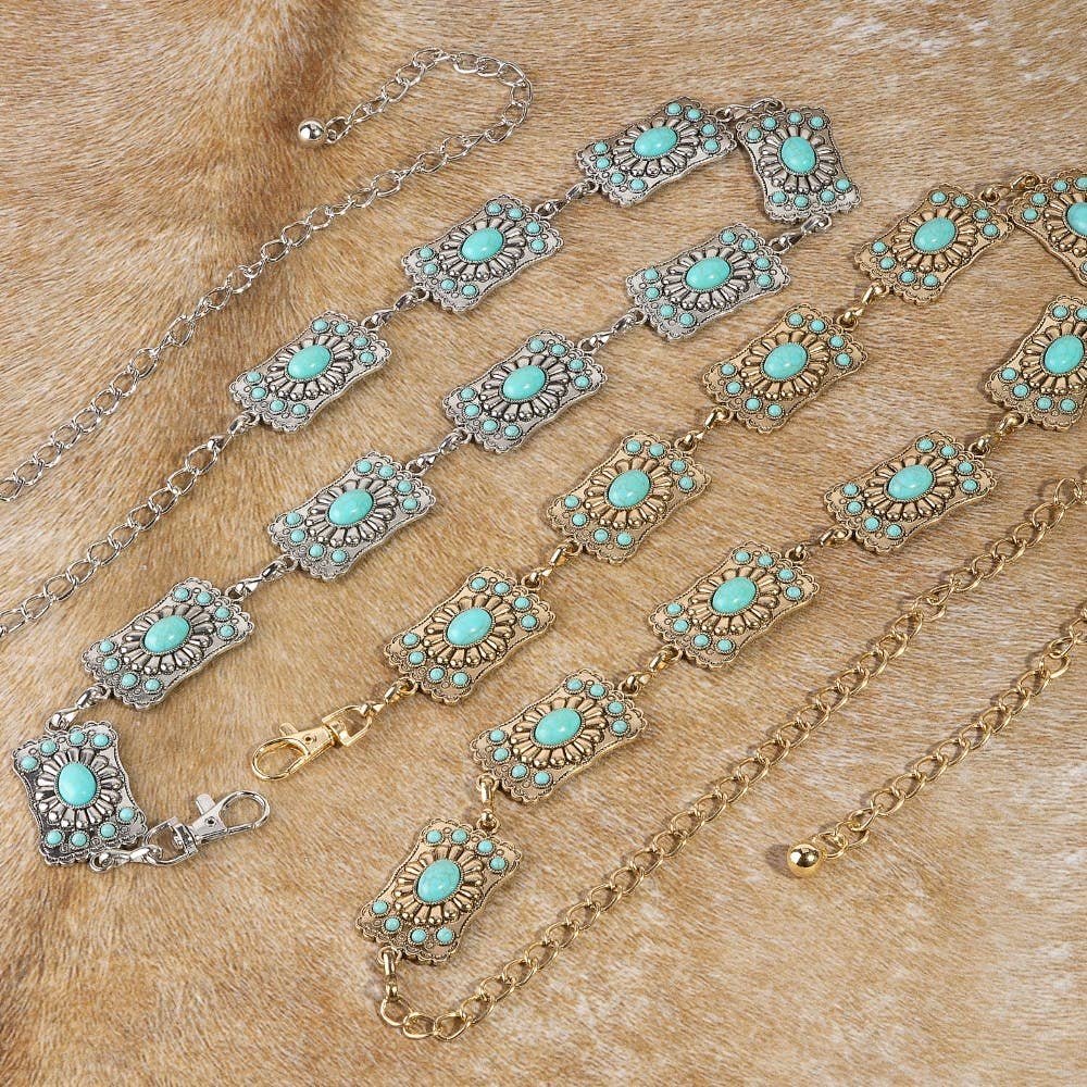 Turquoise Stone Western Concho Chain Belt