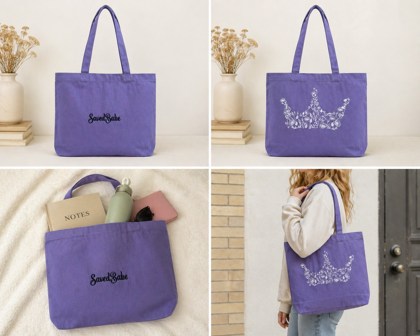 Saved Babe Faith-Inspired Canvas Tote – Floral Crown Design