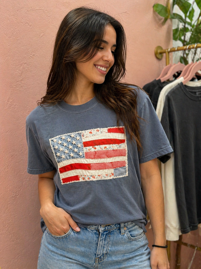 American Flag Faux Texture Patchwork quilt Tee