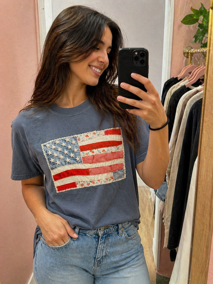 American Flag Faux Texture Patchwork quilt Tee