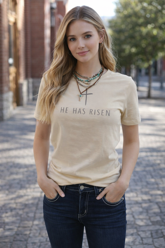 He Is Risen Cross Scripture Tee – Faith Inspired Easter Shirt
