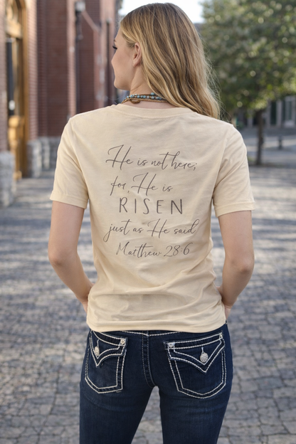 He Is Risen Cross Scripture Tee – Faith Inspired Easter Shirt