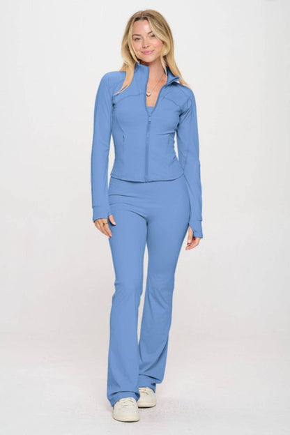 Solid  color active wear jacket with jumpsuit set