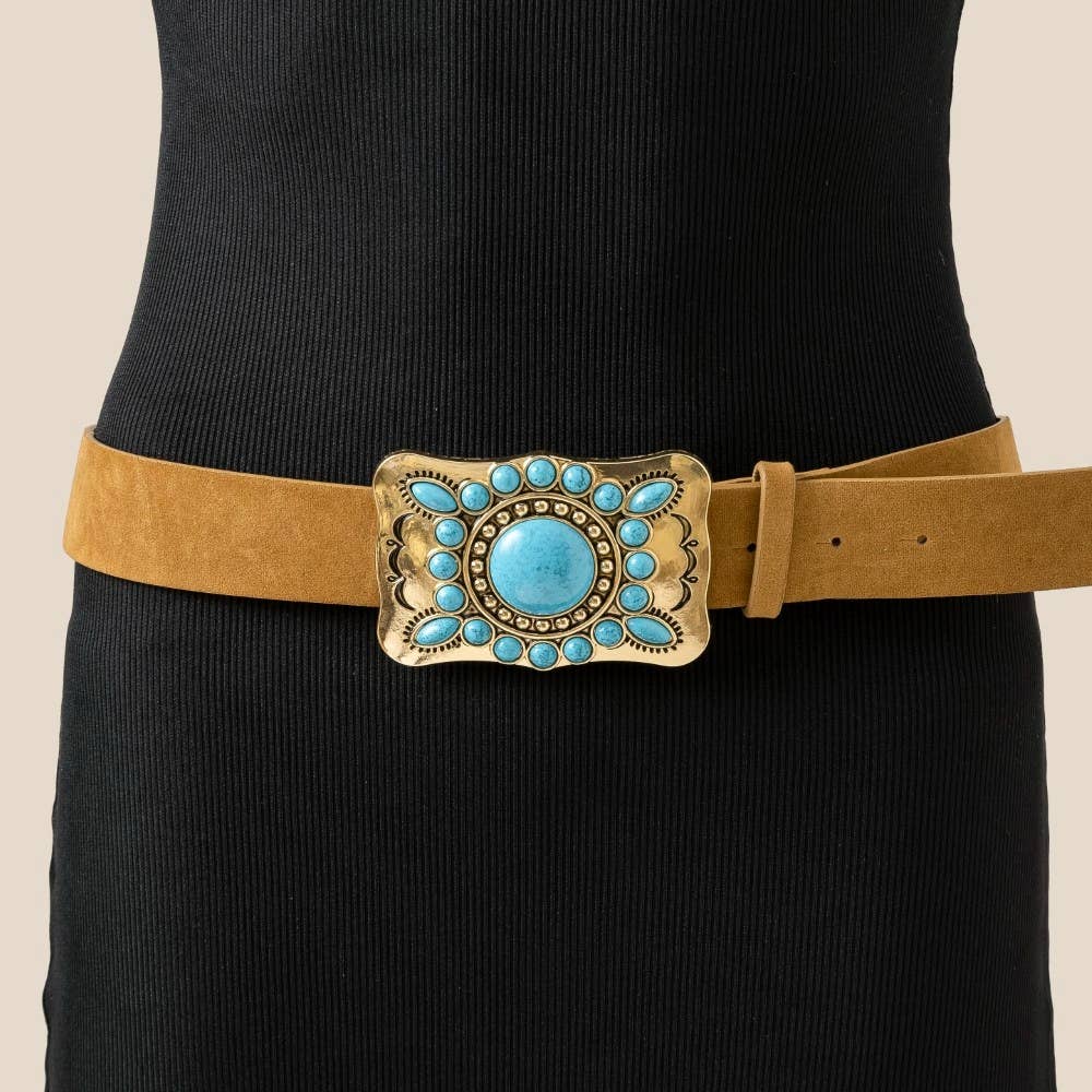 Large Western Turquoise Stone Concho Buckle Vegan Leather Belt