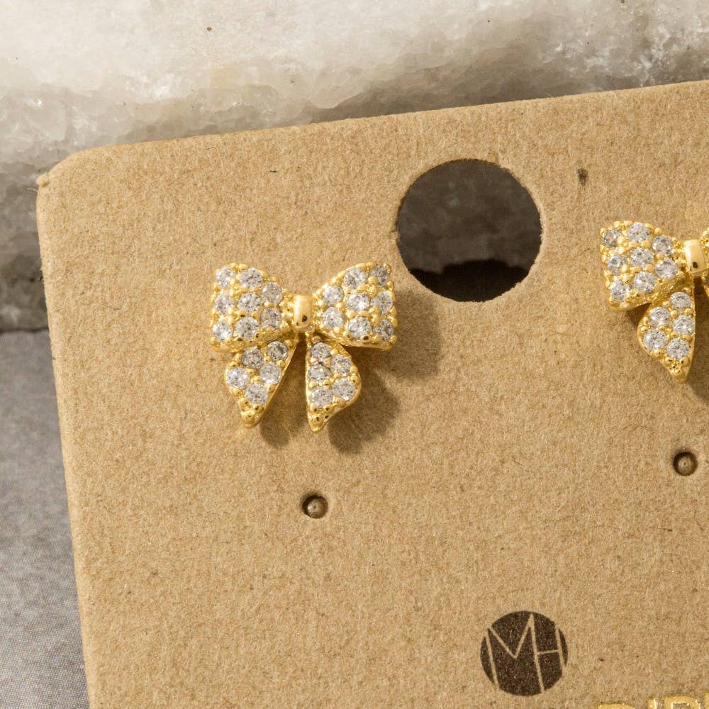 Gold Dipped Cz Pave Bow Ribbon Stud Earrings
