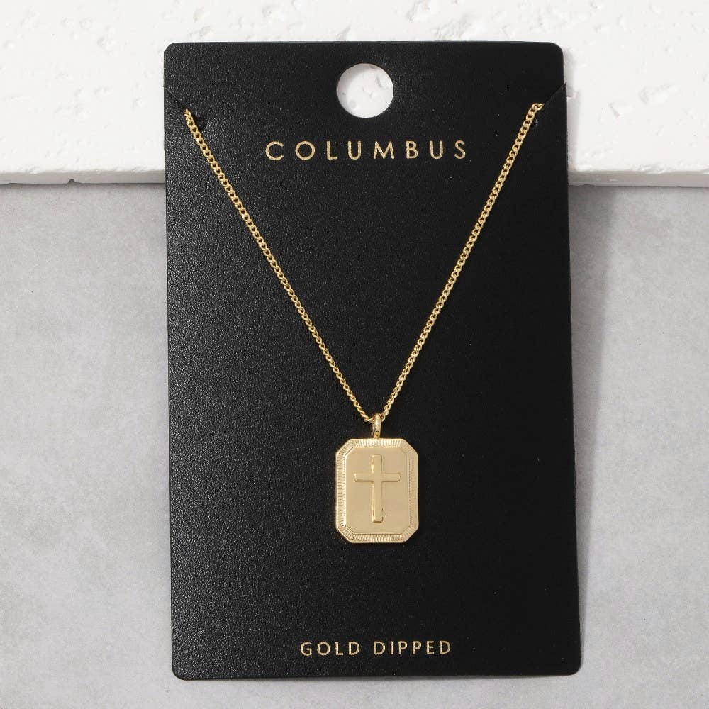Gold Dipped Rectangle Frame Cross Pendant Necklace