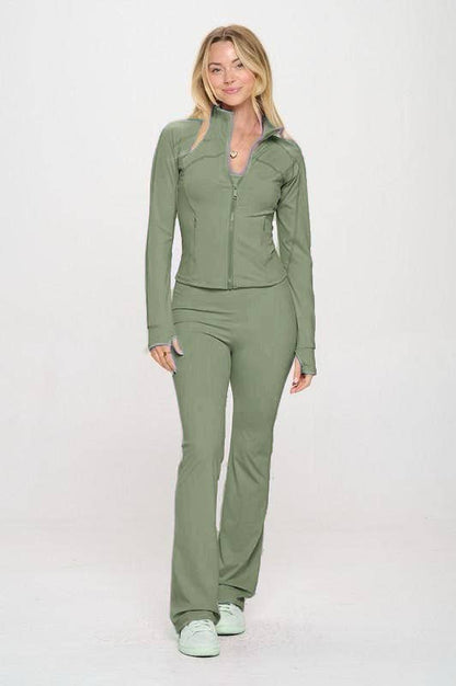 Solid  color active wear jacket with jumpsuit set