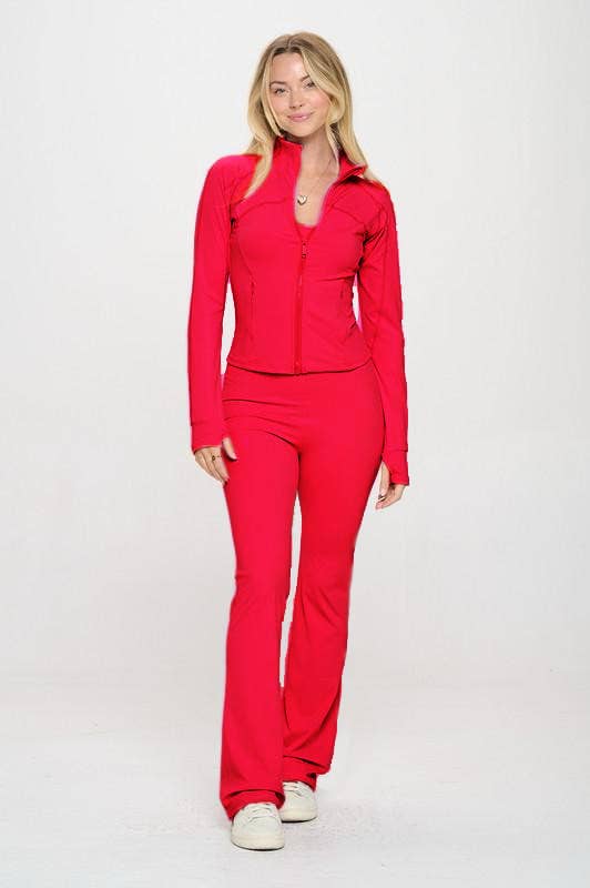Solid  color active wear jacket with jumpsuit set