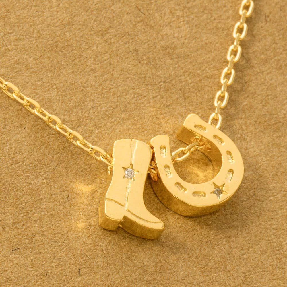 Gold Dipped Cowboy Boots Horse Shoe Charm Necklace