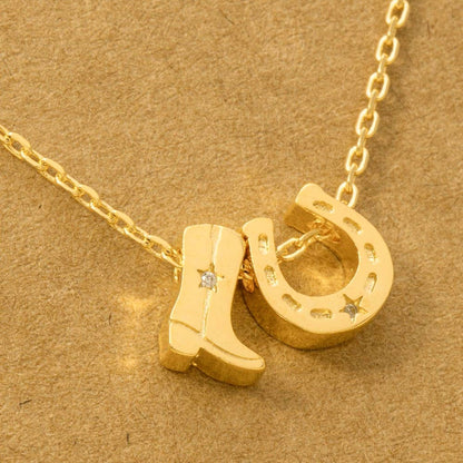 Gold Dipped Cowboy Boots Horse Shoe Charm Necklace