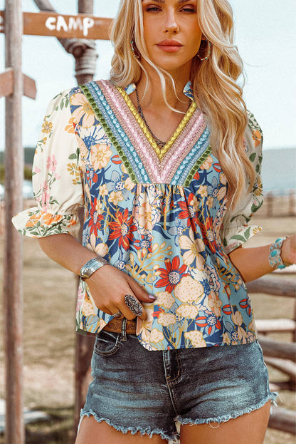 Crochet Boho Half & Long Sleeve Floral Blouse