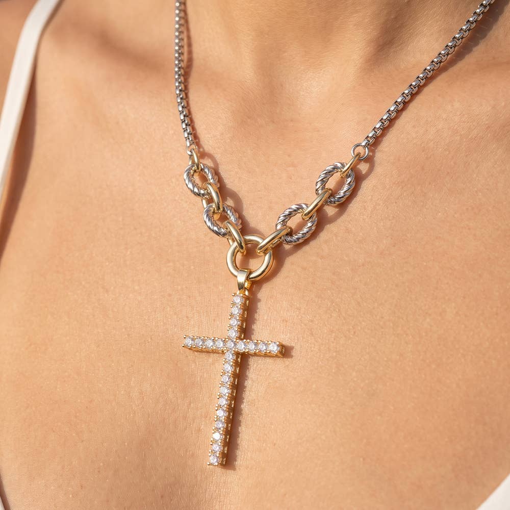 Two Tone Chain Necklace With Cz Cross Pendant