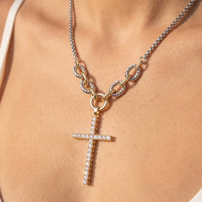 Two Tone Chain Necklace With Cz Cross Pendant