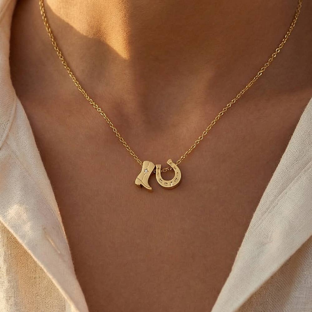 Gold Dipped Cowboy Boots Horse Shoe Charm Necklace