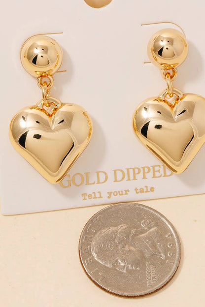 Gold Dipped Rounded Heart Dangle Earrings