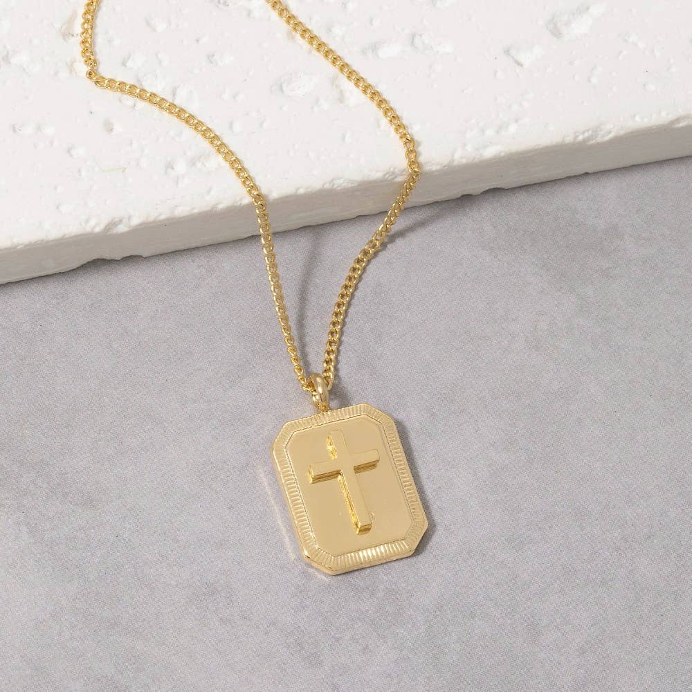 Gold Dipped Rectangle Frame Cross Pendant Necklace