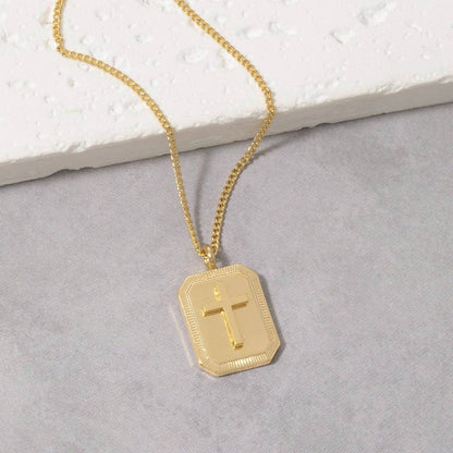 Gold Dipped Rectangle Frame Cross Pendant Necklace