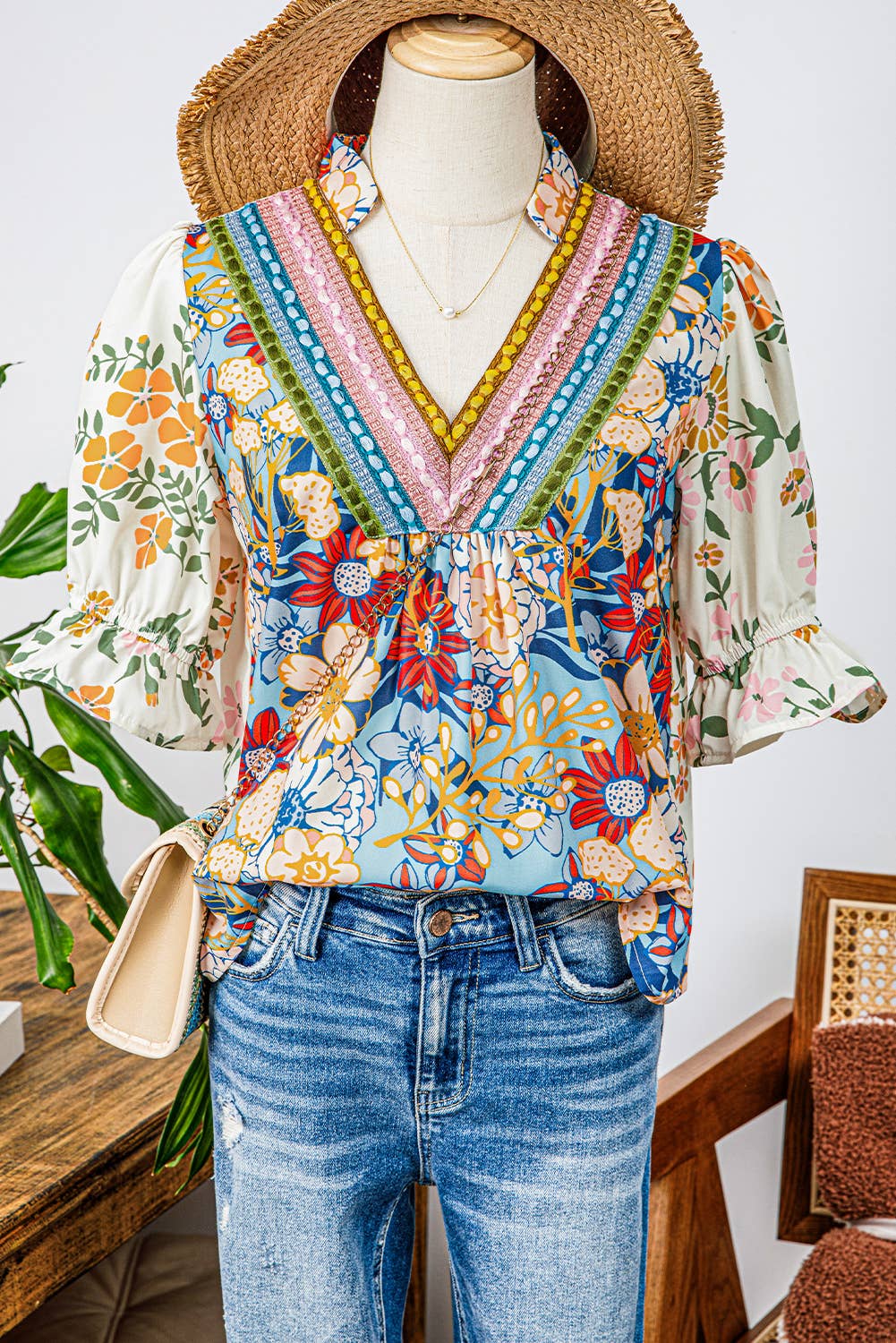 Crochet Boho Half & Long Sleeve Floral Blouse