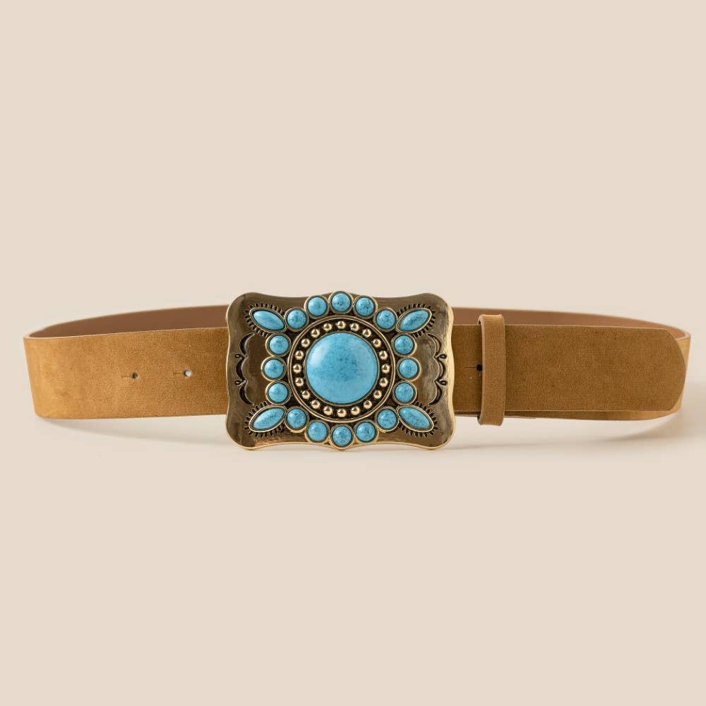 Large Western Turquoise Stone Concho Buckle Vegan Leather Belt