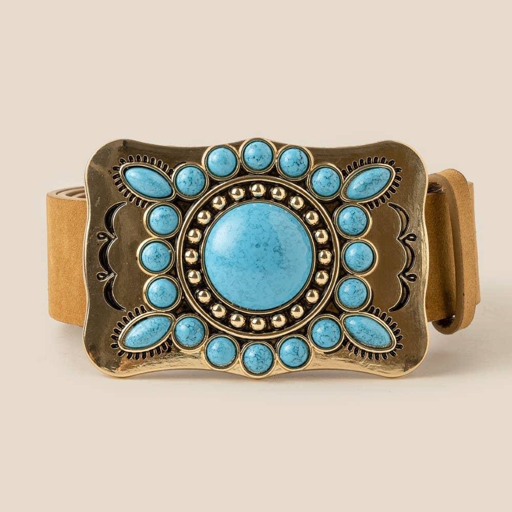 Large Western Turquoise Stone Concho Buckle Vegan Leather Belt