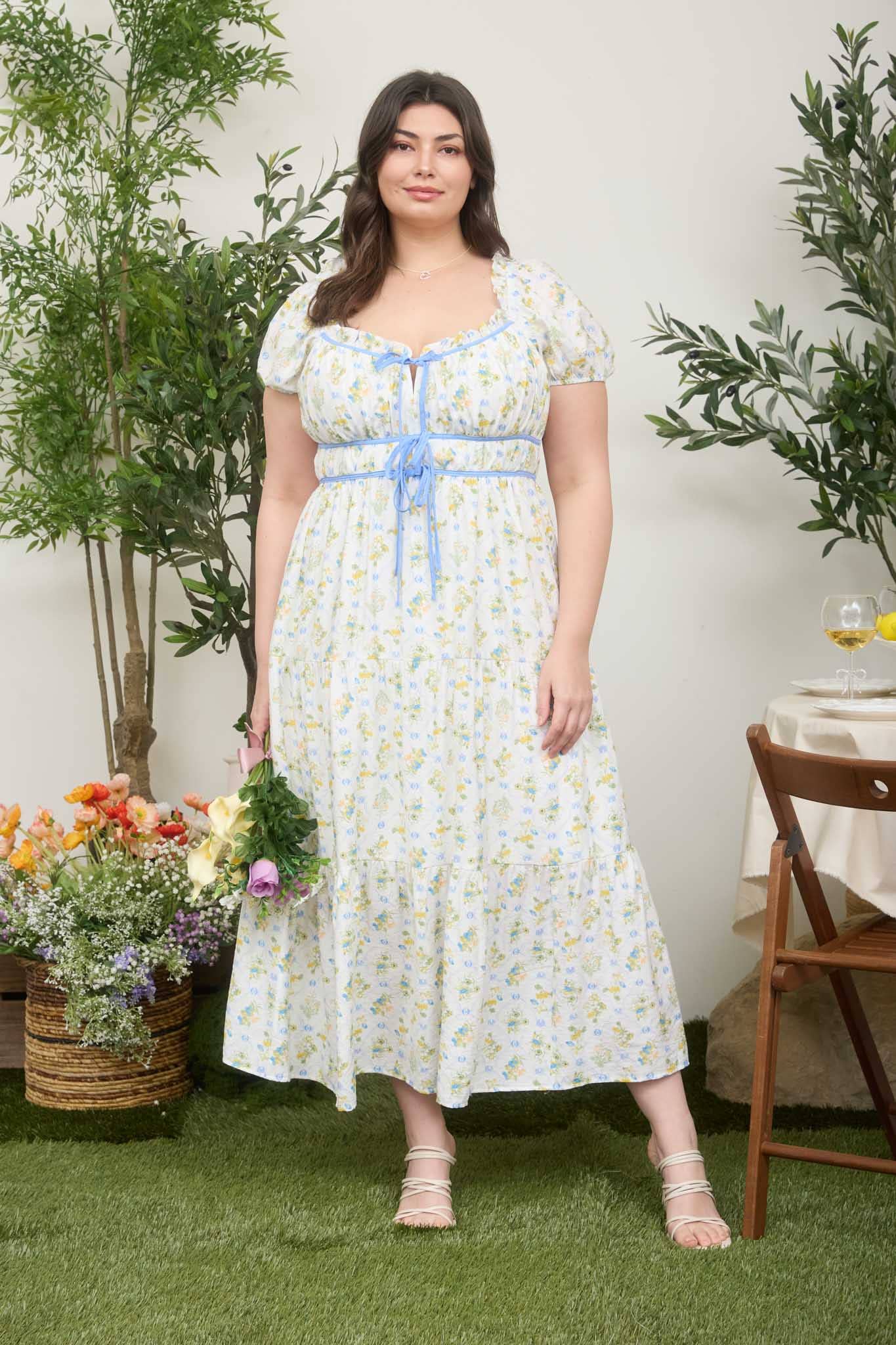 PLUS FLORAL TILE PRINT CONTRAST TIE DETAIL MIDI DRESS
