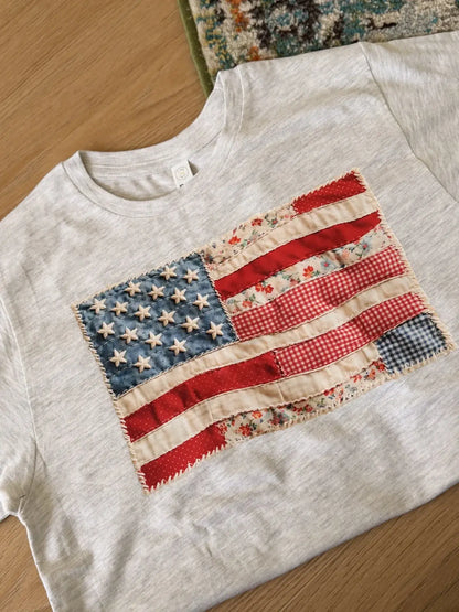 American Flag Faux Texture Patchwork quilt Tee
