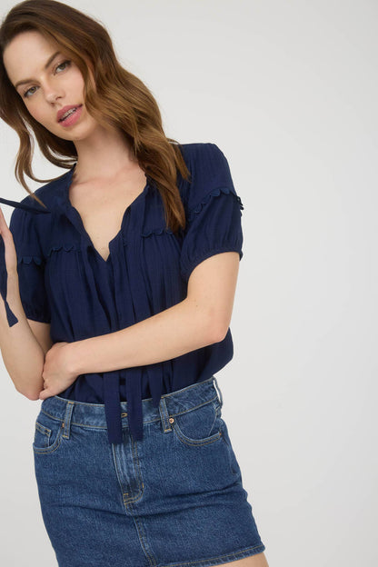 Hannah Scallop Tie Puff Sleeve Top