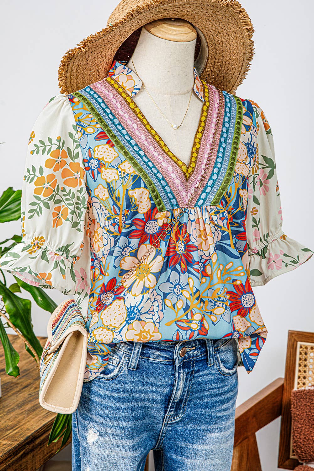 Crochet Boho Half & Long Sleeve Floral Blouse