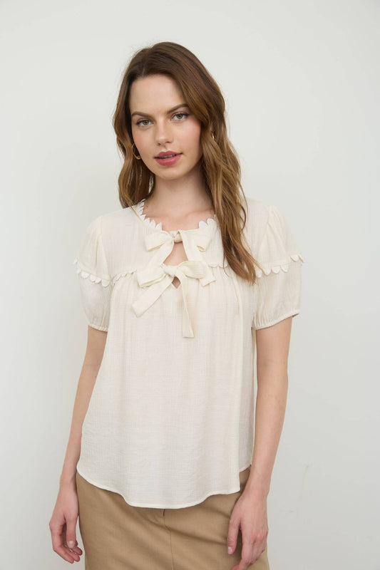 Hannah Scallop Tie Puff Sleeve Top