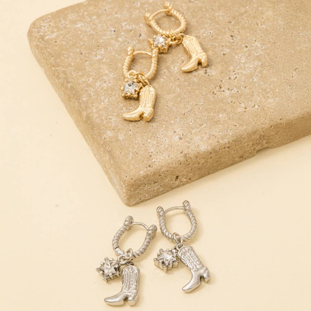 Western Cowboy Boot Charm Hoop Earrings