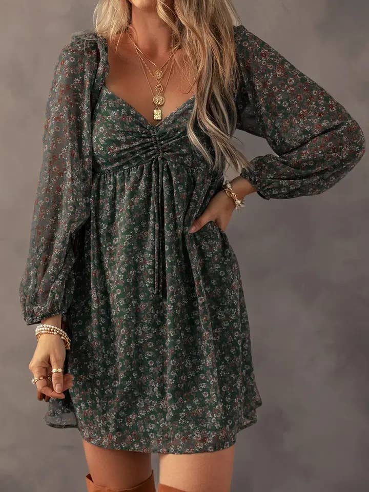 Floral Sweetheart Neck Mini Dress Boho Flowing Dress