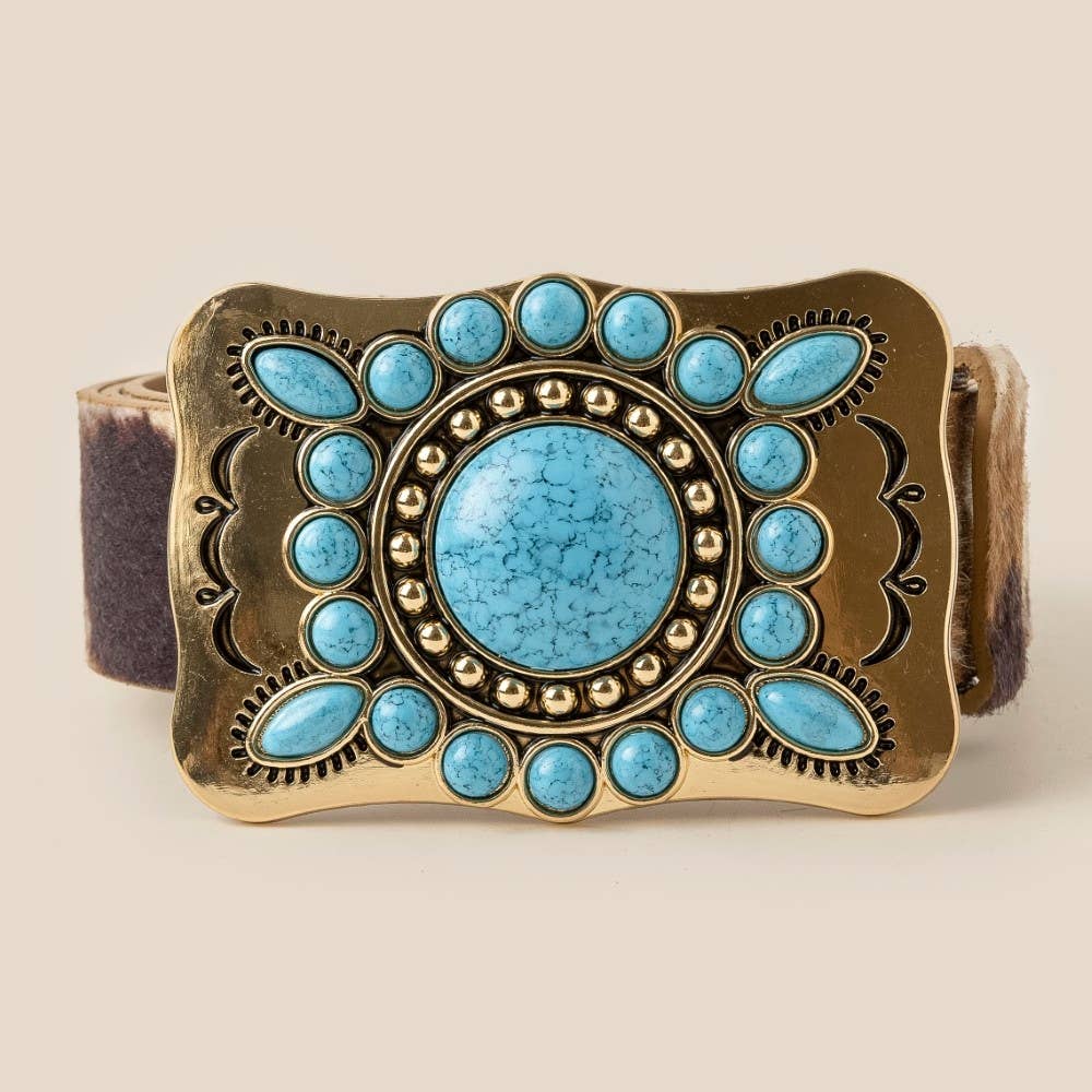 Large Western Turquoise Stone Concho Buckle Vegan Leather Belt