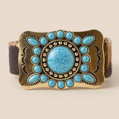 Large Western Turquoise Stone Concho Buckle Vegan Leather Belt