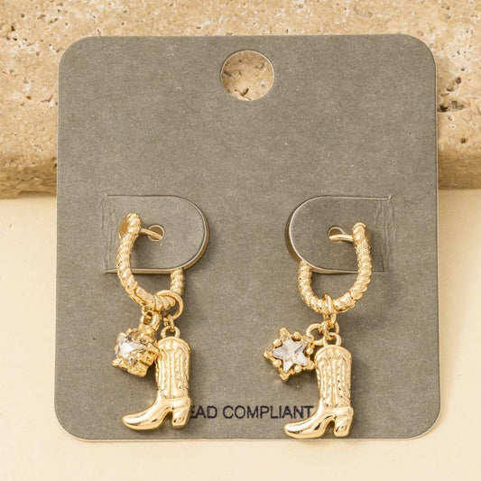 Western Cowboy Boot Charm Hoop Earrings