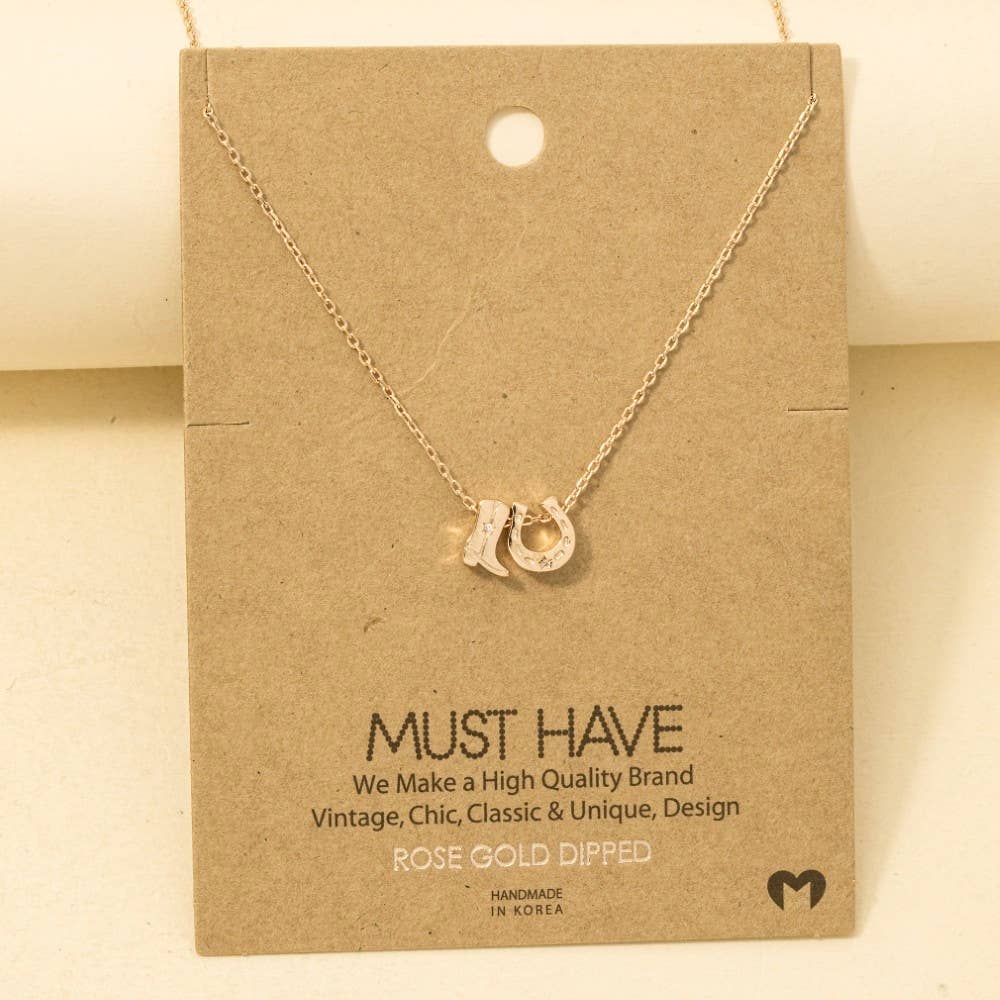 Gold Dipped Cowboy Boots Horse Shoe Charm Necklace