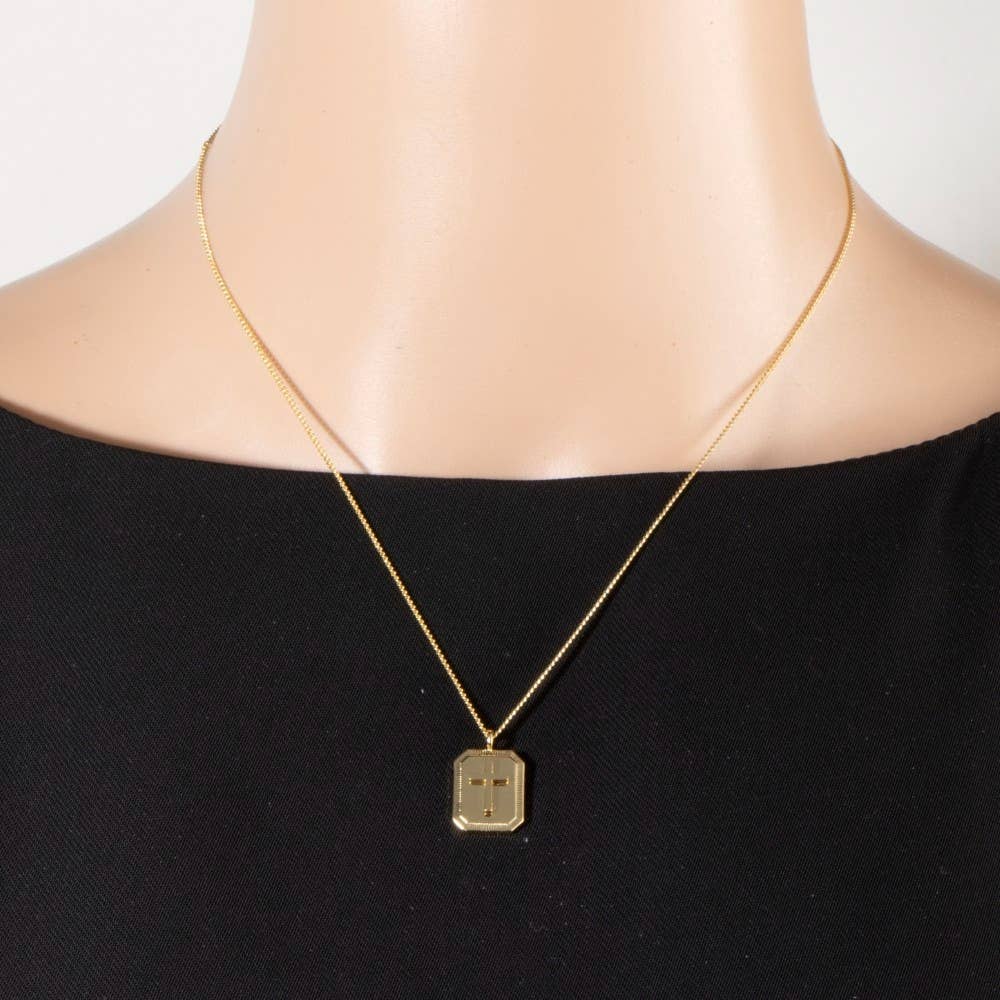 Gold Dipped Rectangle Frame Cross Pendant Necklace