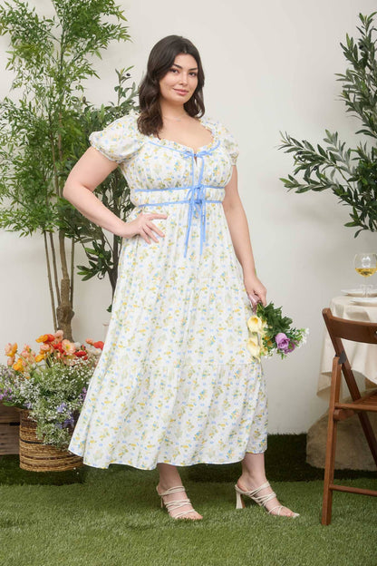 PLUS FLORAL TILE PRINT CONTRAST TIE DETAIL MIDI DRESS